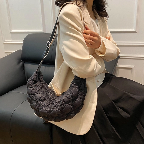 Women Nylon Quilted Puffy Crescent Shoulder Bag Minimalist Solid Color Large Capacity Lightweight Cloud Hobo Bag Daily Handbag