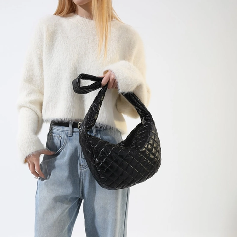 Borsa a Tracolla Trapuntata Metallizzata Nuvola Donna Moda Hobo Crescent Bag Borsa a Mano Imbottita Minimalista in Pelle PU