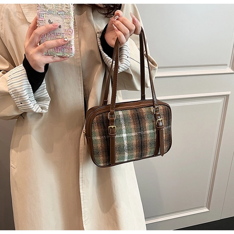 Damen Schultertasche Retro Karomuster Wollen PU Leder Achseltasche Vintage Britischer Stil Karomuster Pendeln Kleine Quadratische Handtasche