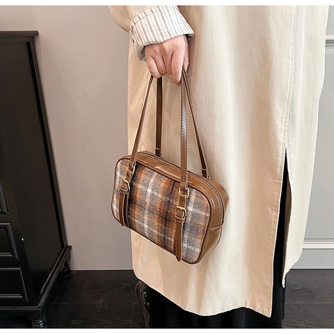Damen Schultertasche Retro Karomuster Wollen PU Leder Achseltasche Vintage Britischer Stil Karomuster Pendeln Kleine Quadratische Handtasche