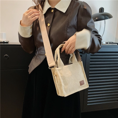 Vintage Corduroy Small Tote Bag For Women Minimalist Solid Color Shoulder Bag With Adjustable Wide Strap Casual Fashion Handbag