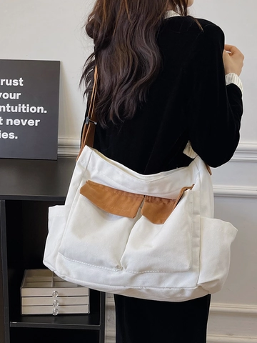 Dames Grote Capaciteit Canvas Tote Tas Retro Workwear Meerdere Zakken Schoudertas Crossbody Tas Voor School Dagelijks Handtas