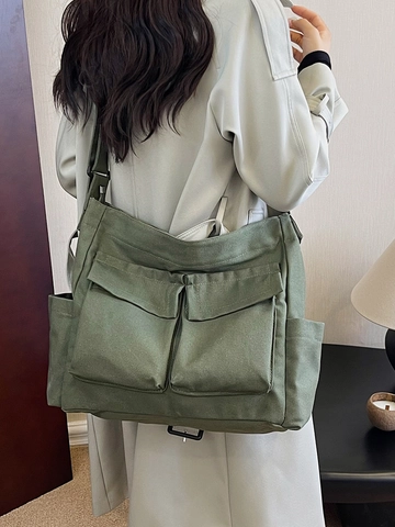 Dames Grote Capaciteit Canvas Tote Tas Retro Workwear Meerdere Zakken Schoudertas Crossbody Tas Voor School Dagelijks Handtas
