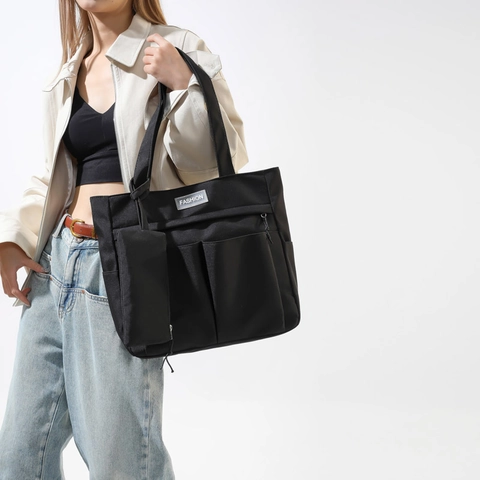 Borsa Tote in Nylon di Alta Qualità con Multitasche e Borsello Rimovibile Grande Capacità Tinta Unita Borsa a Spalla Donna Quotidiana