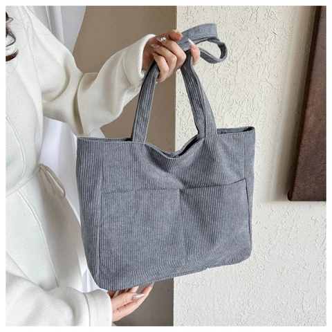Borsa Tote in Velluto a Coste di Grande Capacità per Donna Borsa a Spalla a Righe Vintage Con Tasche Esterne Minimalista Casual
