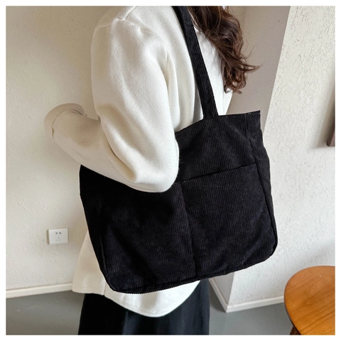 Borsa Tote in Velluto a Coste di Grande Capacità per Donna Borsa a Spalla a Righe Vintage Con Tasche Esterne Minimalista Casual