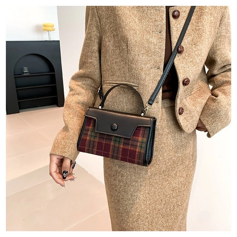 Bolso de Mano Vintage de Cuero PU y Lana con Costuras de Cuadros Bolso de Hombro Cuadrado Pequeño para Mujer Retro Diario