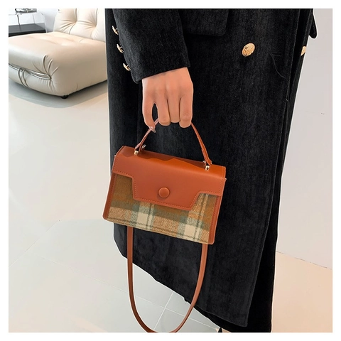 Bolso de Mano Vintage de Cuero PU y Lana con Costuras de Cuadros Bolso de Hombro Cuadrado Pequeño para Mujer Retro Diario