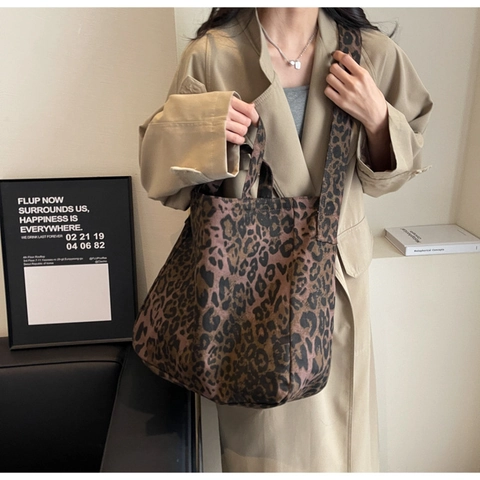 Borsa Tote in Tessuto Leopardata a Grande Capacità per Donna Borsa a Spalla Tracolla Minimalista Urbana Casual Retrò Handbag di Tendenza