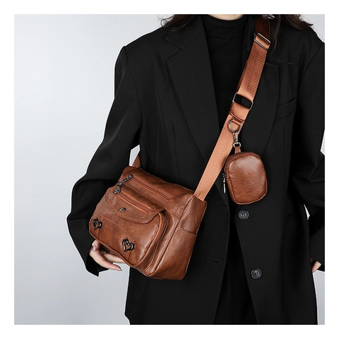 Women Retro PU Leather Multi-Pocket Shoulder Bag Heart Buckle Crossbody Bag With Coin Purse Solid Color Urban Style
