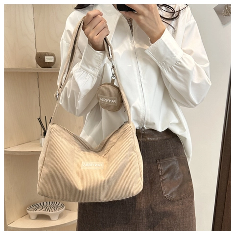 Ensemble de Sac à Épaule en Velours Côtelé à la Mode Avec Porte-monnaie pour Femme Style Coréen Simple Grande Capacité