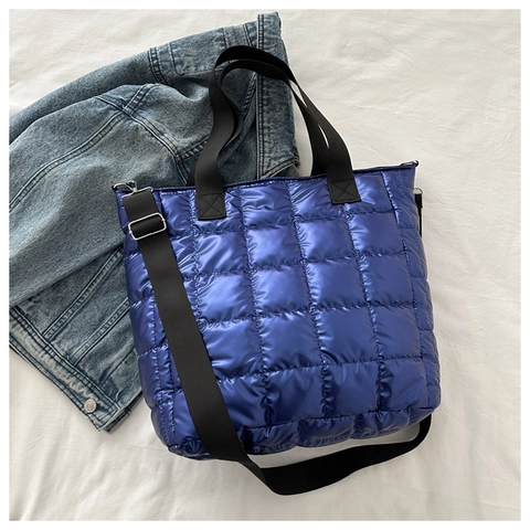 Women Fashion Metallic Quilted Puffer Tote Bag Large Capacity Glossy Polyester Shoulder Bag For Daily Commuting Office