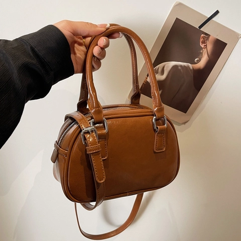 Women Retro PU Leather Boston Shoulder Bag Glossy Solid Color Handbag With Adjustable Strap Fashion Daily Commuting Tote Purse