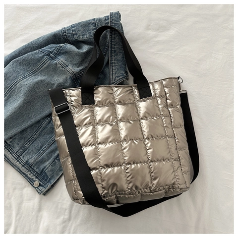 Women Fashion Metallic Quilted Puffer Tote Bag Large Capacity Glossy Polyester Shoulder Bag For Daily Commuting Office