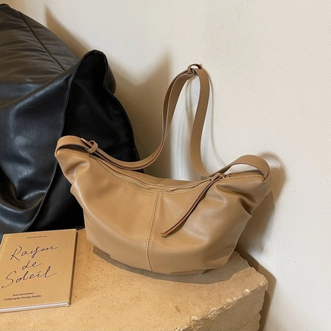 Bolso de Hombro de Cuero PU Minimalista para Mujer Bolso Hobo de Media Luna de Moda Color Sólido Plisado de Axila