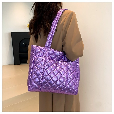 Metallic Quilted Tote Bag For Women PU Leather Diamond Lattice Shoulder Bag Large Capacity Fashion Winter Handbag Glossy Carryall