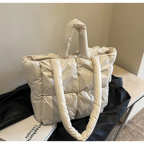 Winter New Large Capacity Puffer Tote Bag For Women Quilted Padded Shoulder Bag Solid Color Minimalist Urban Fashion Handbag