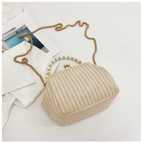 Vintage Women Corduroy Shoulder Bag With Artificial Pearl Handle Retro Gold Metal Kiss Lock Elegant Evening Clutch Bag