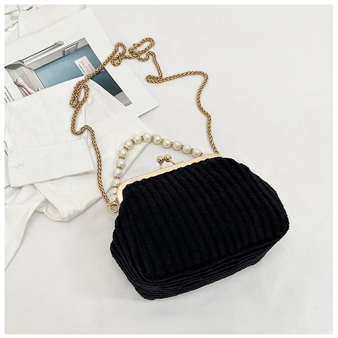 Vintage Women Corduroy Shoulder Bag With Artificial Pearl Handle Retro Gold Metal Kiss Lock Elegant Evening Clutch Bag