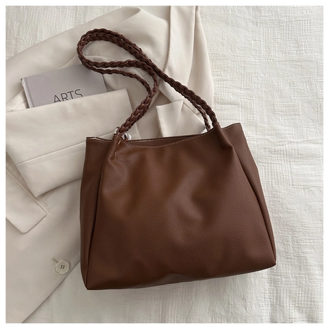 Bolso Tote de Gran Capacidad para Mujer Cuero PU Minimalista Urbano Patrón Lichi Bolso de Hombro Con Asas Trenzadas y Pañuelo Satén