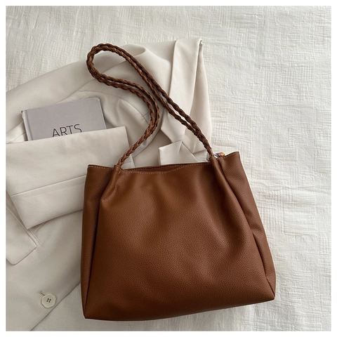 Bolso Tote de Gran Capacidad para Mujer Cuero PU Minimalista Urbano Patrón Lichi Bolso de Hombro Con Asas Trenzadas y Pañuelo Satén