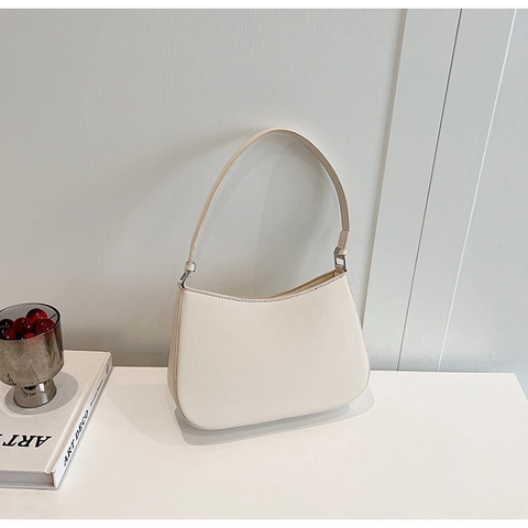 Minimalist PU Leather Underarm Shoulder Bag For Women Solid Color Moon Shape Fashion Simple Zipper Handbag Daily Commute