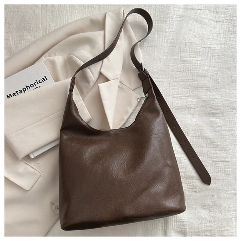 Women Large Capacity PU Leather Hobo Shoulder Bag Vintage Solid Color Lychee Texture Tote Handbag With Adjustable Strap