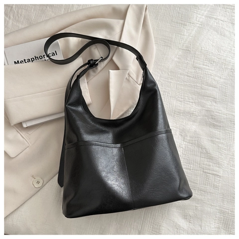 Women Large Capacity PU Leather Hobo Shoulder Bag Vintage Solid Color Lychee Texture Tote Handbag With Adjustable Strap