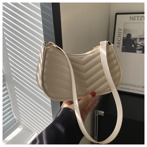 Borsa Sottoascellare da Donna Minimalista in Pelle PU Trapuntata a V Mezzaluna Borsa a Spalla con Cerniera Borsa a Mano Casual