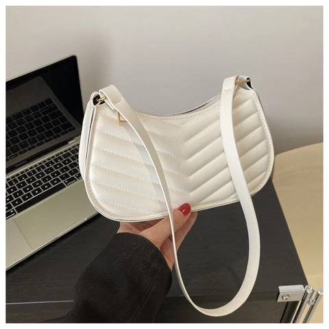 Borsa Sottoascellare da Donna Minimalista in Pelle PU Trapuntata a V Mezzaluna Borsa a Spalla con Cerniera Borsa a Mano Casual