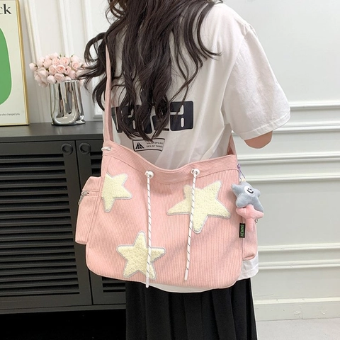 Kawaii Star Pattern Large Capacity Velvet Tote Bag For Women Student Japanese Style Crossbody Bag With Plush Star Pendant