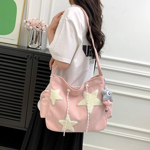 Kawaii Star Pattern Large Capacity Velvet Tote Bag For Women Student Japanese Style Crossbody Bag With Plush Star Pendant