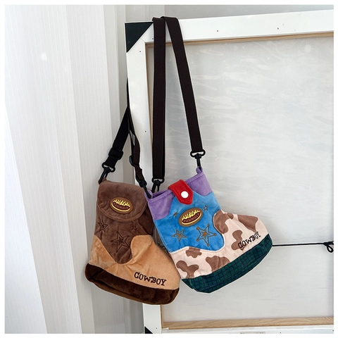 Creatieve Laarsvorm Crossbodytas Wollen Stof Cowboy Stijl Ster Borduursel Dames Splicing Kleine Schoudertas Streetwear