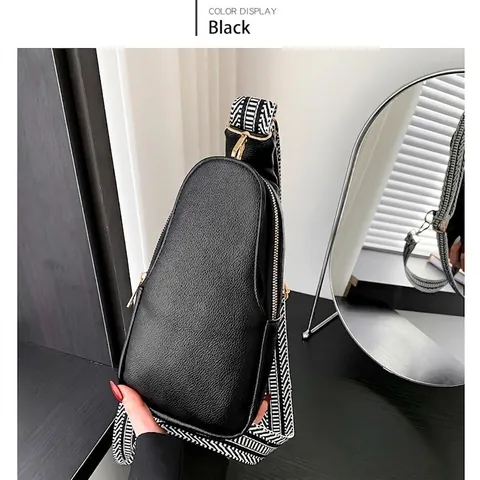 Women Fashion PU Leather Chest Bag Urban Minimalist Crossbody Bag With Geometric Wide Strap Lychee Texture Shoulder Bag