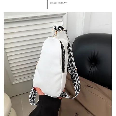 Women Fashion PU Leather Chest Bag Urban Minimalist Crossbody Bag With Geometric Wide Strap Lychee Texture Shoulder Bag