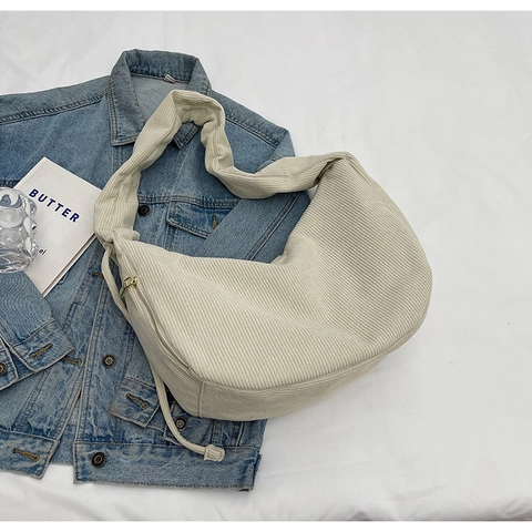 Bolso Hobo de Forro Polar para Mujer Textura Pana Suave Color Sólido Gran Capacidad Bolso de Hombro Casual Retro