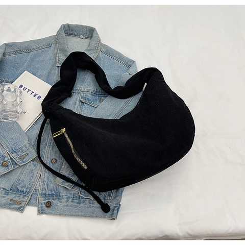 Bolso Hobo de Forro Polar para Mujer Textura Pana Suave Color Sólido Gran Capacidad Bolso de Hombro Casual Retro