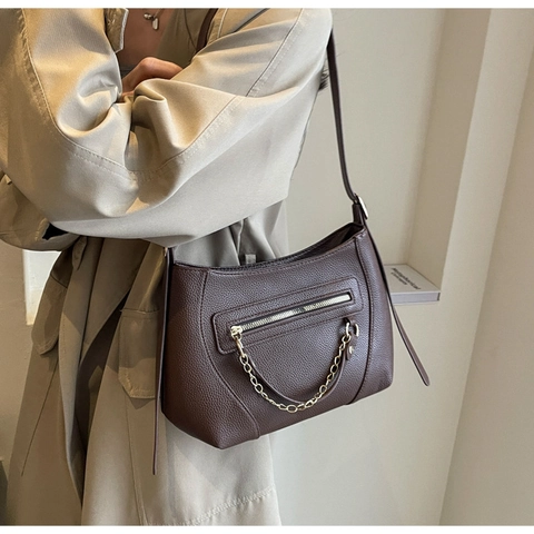 Borsa a Spalla da Donna alla Moda in Pelle PU con Trama a Buccia d'Arancia Catena d'Oro Tasca con Cerniera Borsa a Tracolla