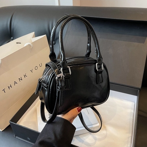 Damen Vintage PU Leder Boston Tasche Minimalistische Glänzende Umhängetasche Mit Tragegriff Und Verstellbarem Riemen Mode Handtasche