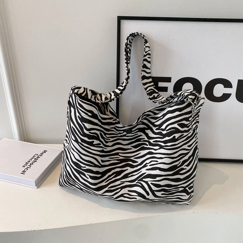 Borsa a Spalla da Donna in Tela di Moda Grande Capacità Stampa Leopardo Zebra Borsa Tote Borsa a Tracolla Minimalista Stile Urbano