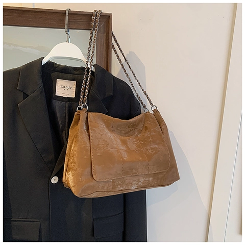 Women Vintage Quilted PU Leather Chain Shoulder Bag Large Capacity Square Stitched Flap Hobo Bag For Daily Use Urban Simple