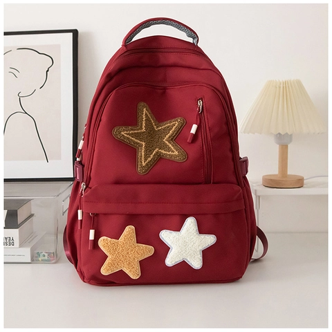 Damen Leinwand Sterne Patchwork Rucksack Große Kapazität Schultasche Plüsch Sterne Patches Trendy Einfach Reiserucksack