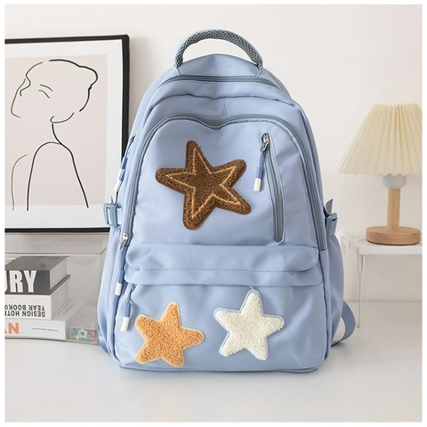 Damen Leinwand Sterne Patchwork Rucksack Große Kapazität Schultasche Plüsch Sterne Patches Trendy Einfach Reiserucksack