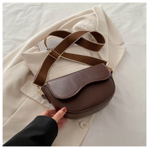 Borsa a Spalla Stile Sella in Pelle PU Minimalista Urbana per Donna Borsa a Tracolla Moda con Patta a Onde e Tracolla Larga