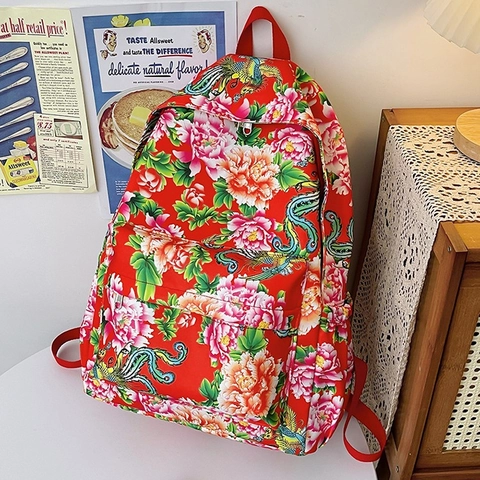 Women Retro Ethnic Style Nylon Backpack Phoenix Peony Floral Print Large Capacity Casual Travel Shoulder Bag