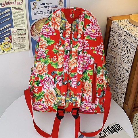 Women Retro Ethnic Style Nylon Backpack Phoenix Peony Floral Print Large Capacity Casual Travel Shoulder Bag