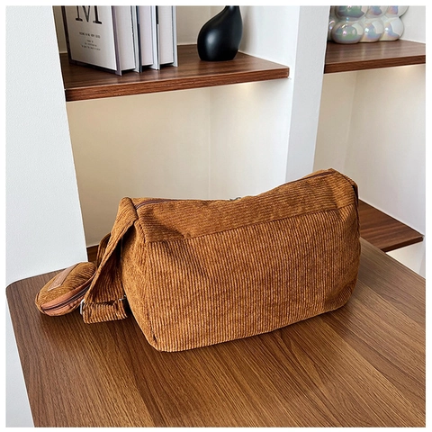 Sac à Épaule Décontracté en Toile pour Femmes Grande Capacité Sac à Main Texture Velours Côtelé Avec Petit Porte Monnaie Rond
