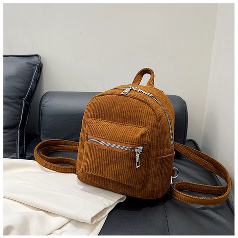 Women Corduroy Mini Backpack Fashion Retro Solid Color Small Shoulder Bag Ribbed Fabric Travel Casual Daypack For Female