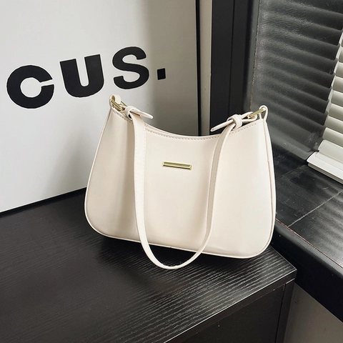 Borsa a Spalla da Donna Minimalista in Poliuretano Mezzaluna Hobo Sottobraccio Vintage Borsa da Lavoro Con Barra in Metallo Oro