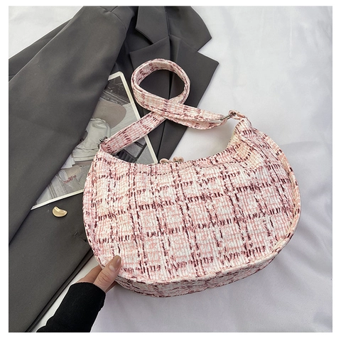 Damen Mode Tweed Karo Schultertasche Vintage Halbmond Hobo Tasche Mit Süßem Plüsch Anhänger Casual Umhängetasche Handtasche